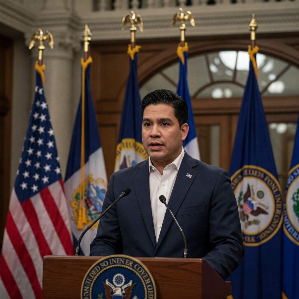 Governor speaking at a podium with state flags