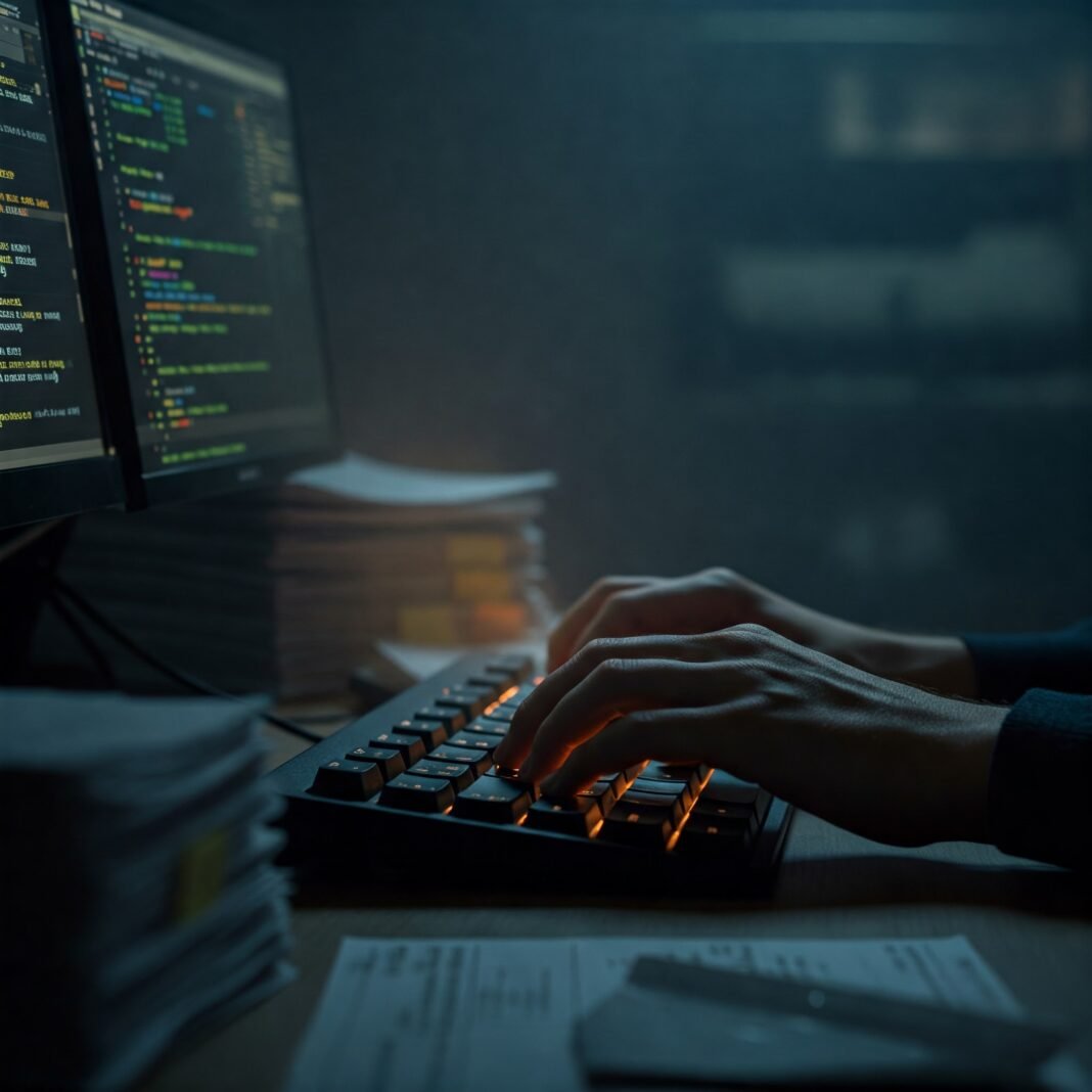 Hands typing on backlit keyboard in dim room