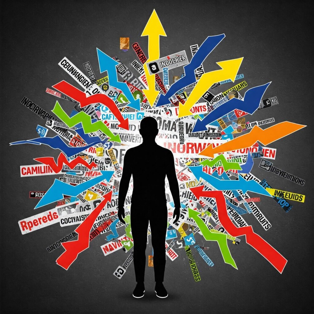 Stylized silhouette surrounded by chaotic media