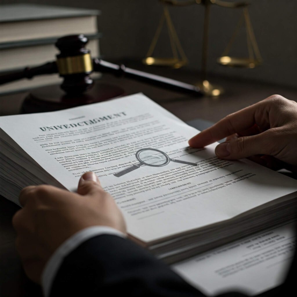 Close-up of hands examining legal documents