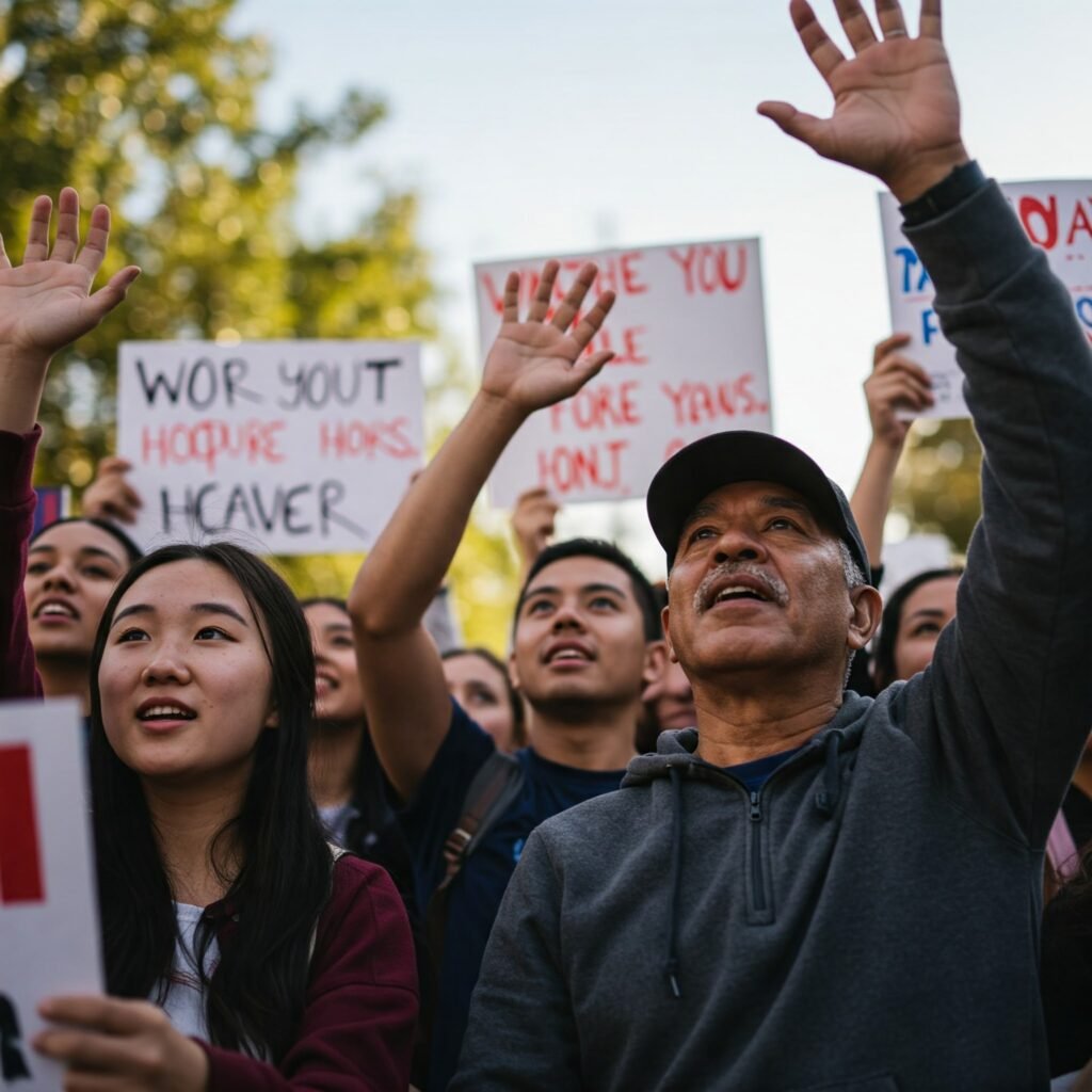 Diverse crowd with raised hands shows enthusias
