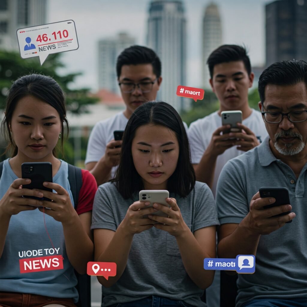 People with smartphones reading news