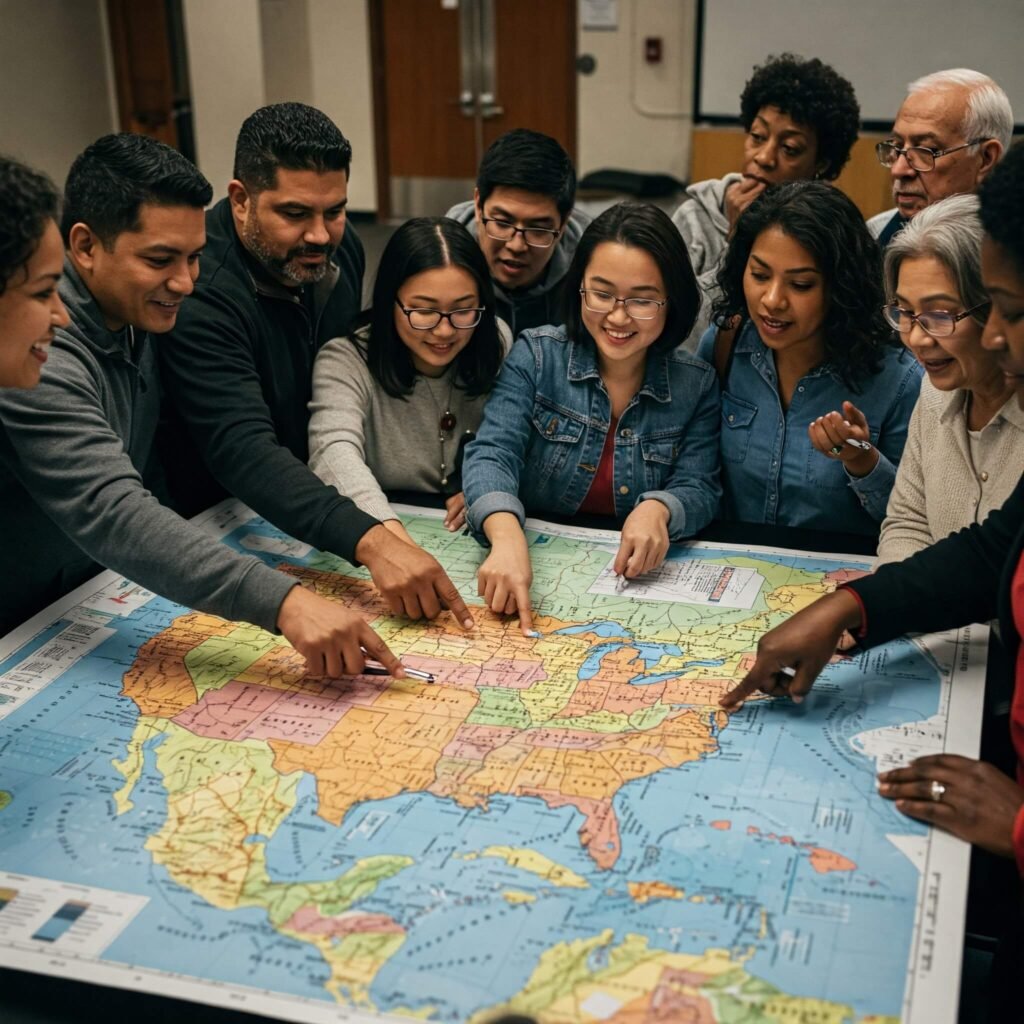 Diverse group looking at US election map