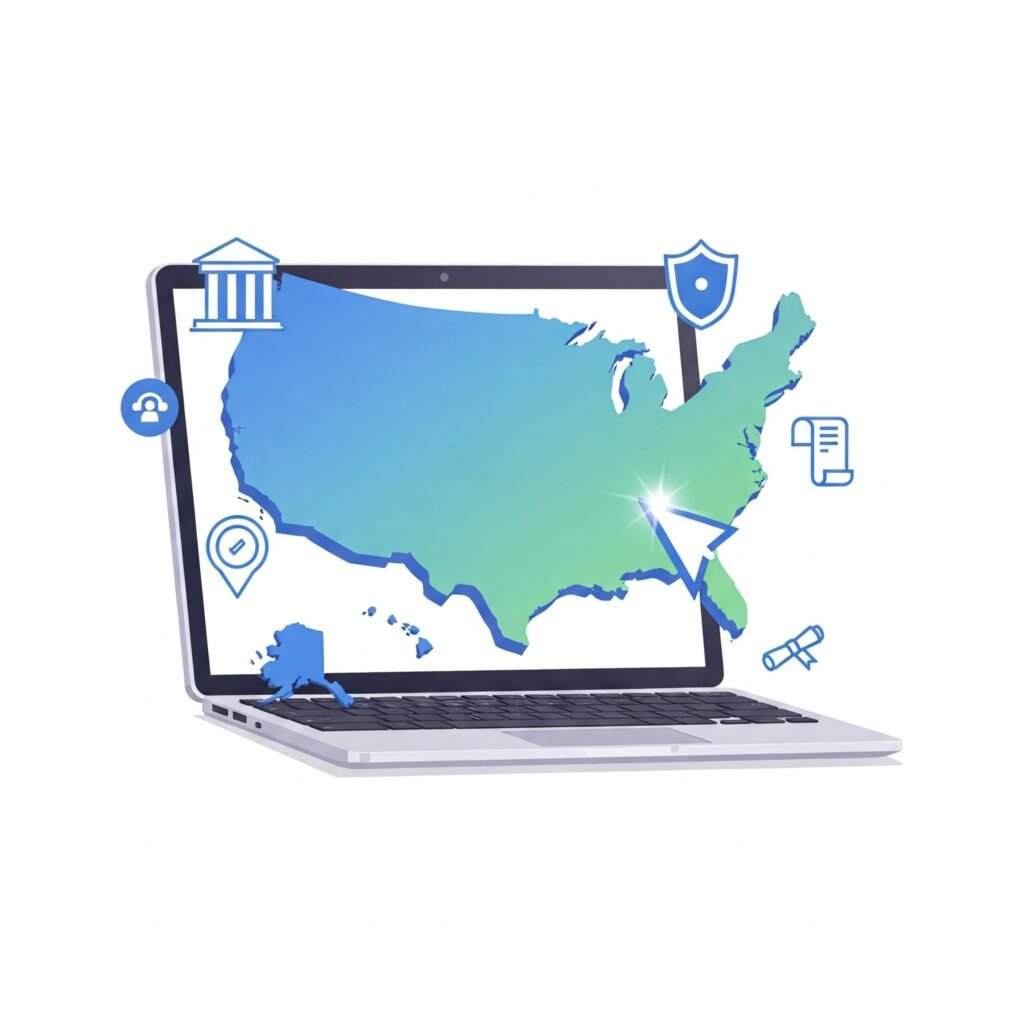Cursor pointing to US map on a screen, icons for official info