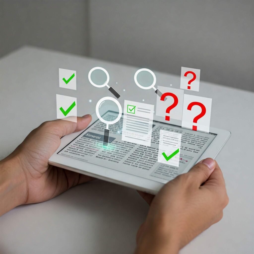 Hands holding a tablet displaying news snippets