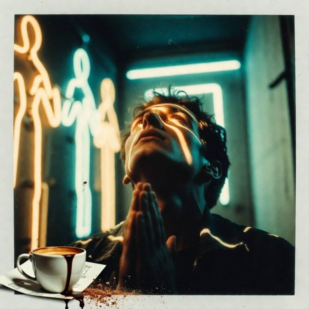 Praying to neon gods, coffee-soaked ballot.