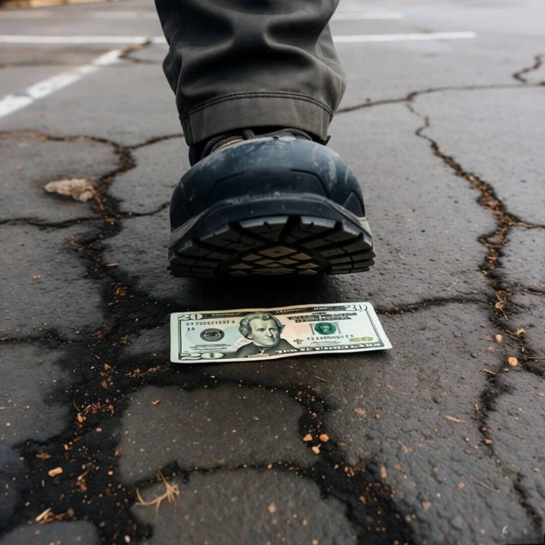 Boot crushes buried twenty on asphalt.