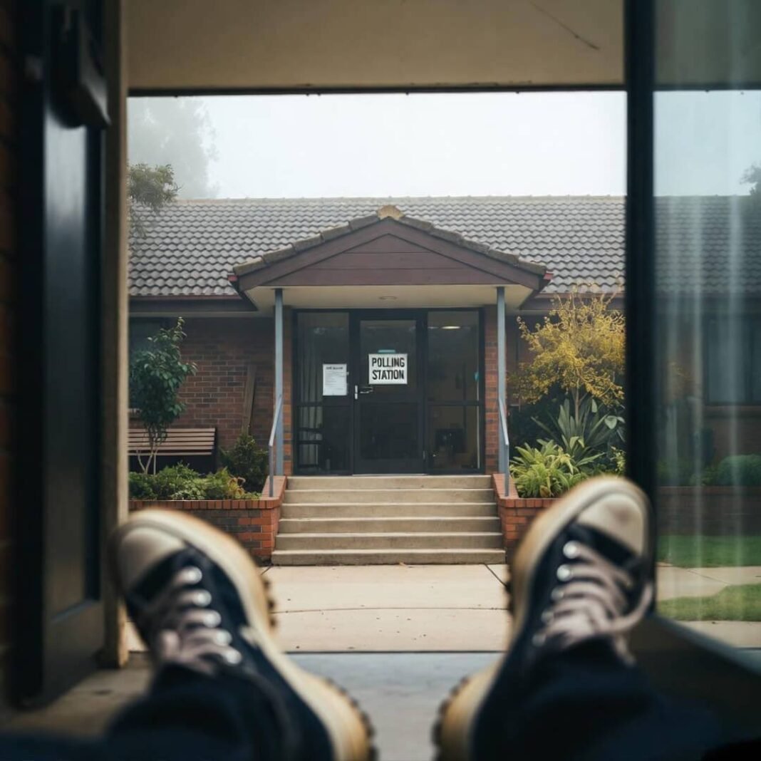 Foggy polling station, scuffed sneakers below.