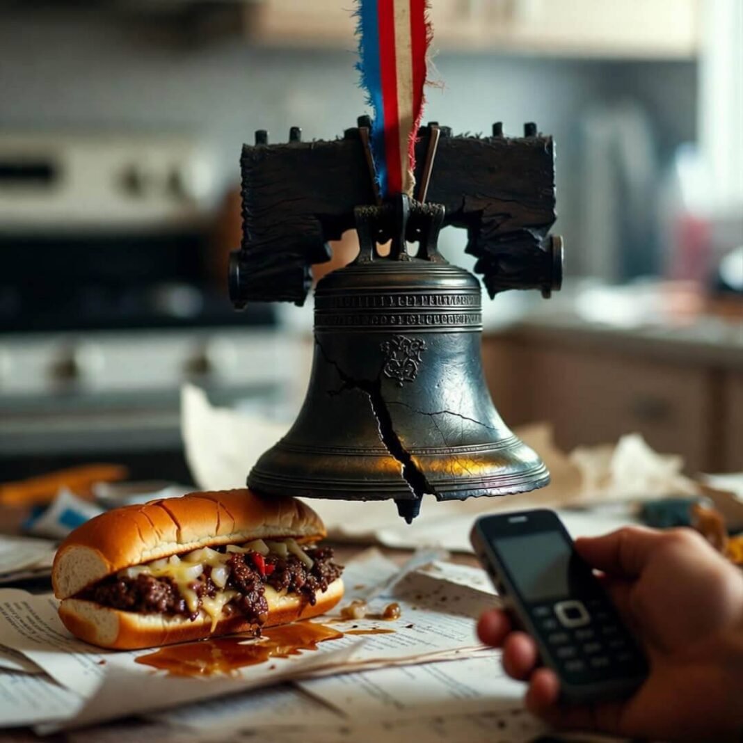 Cracked Liberty Bell over greasy cheesesteak leak.