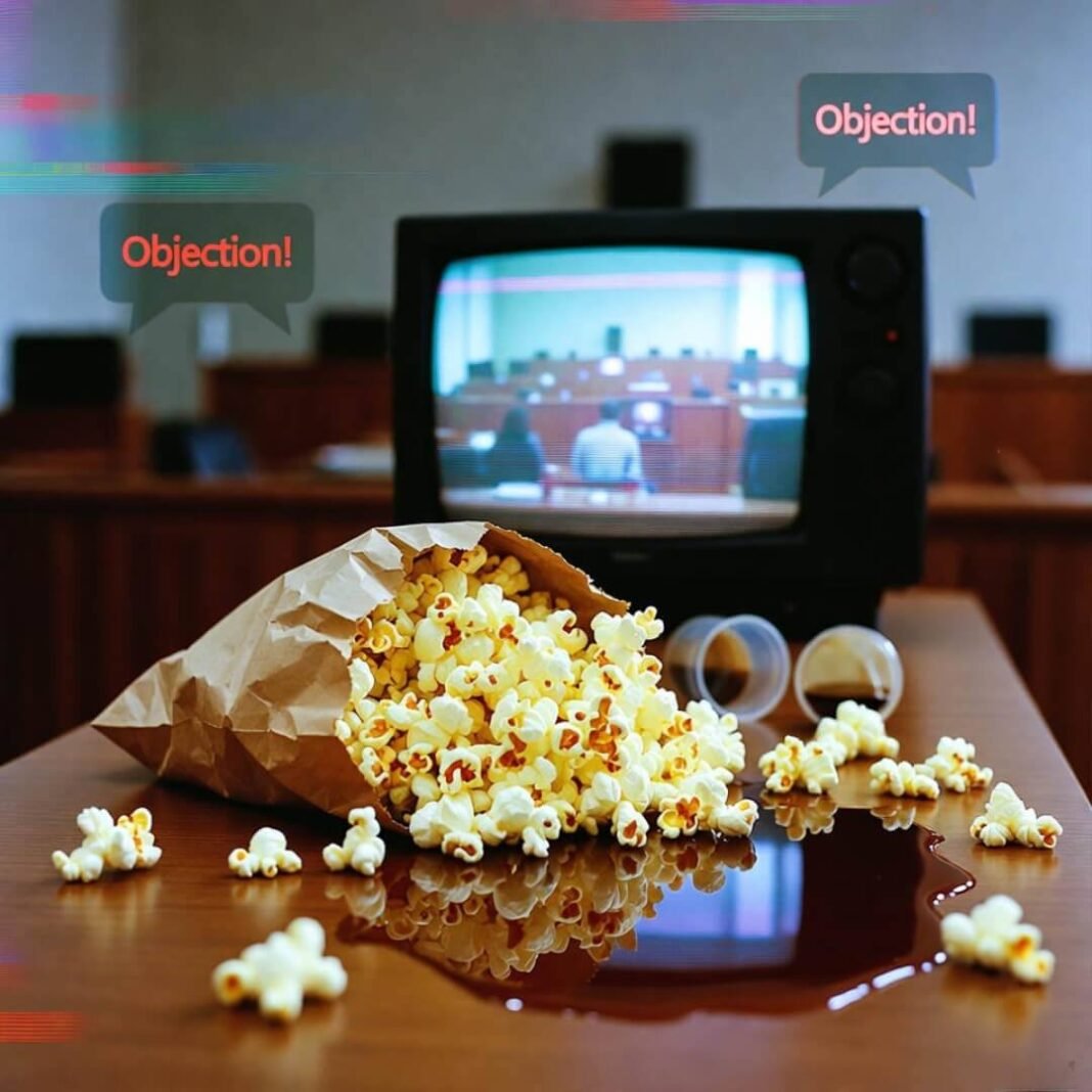 Popcorn spill, glitchy TV, 