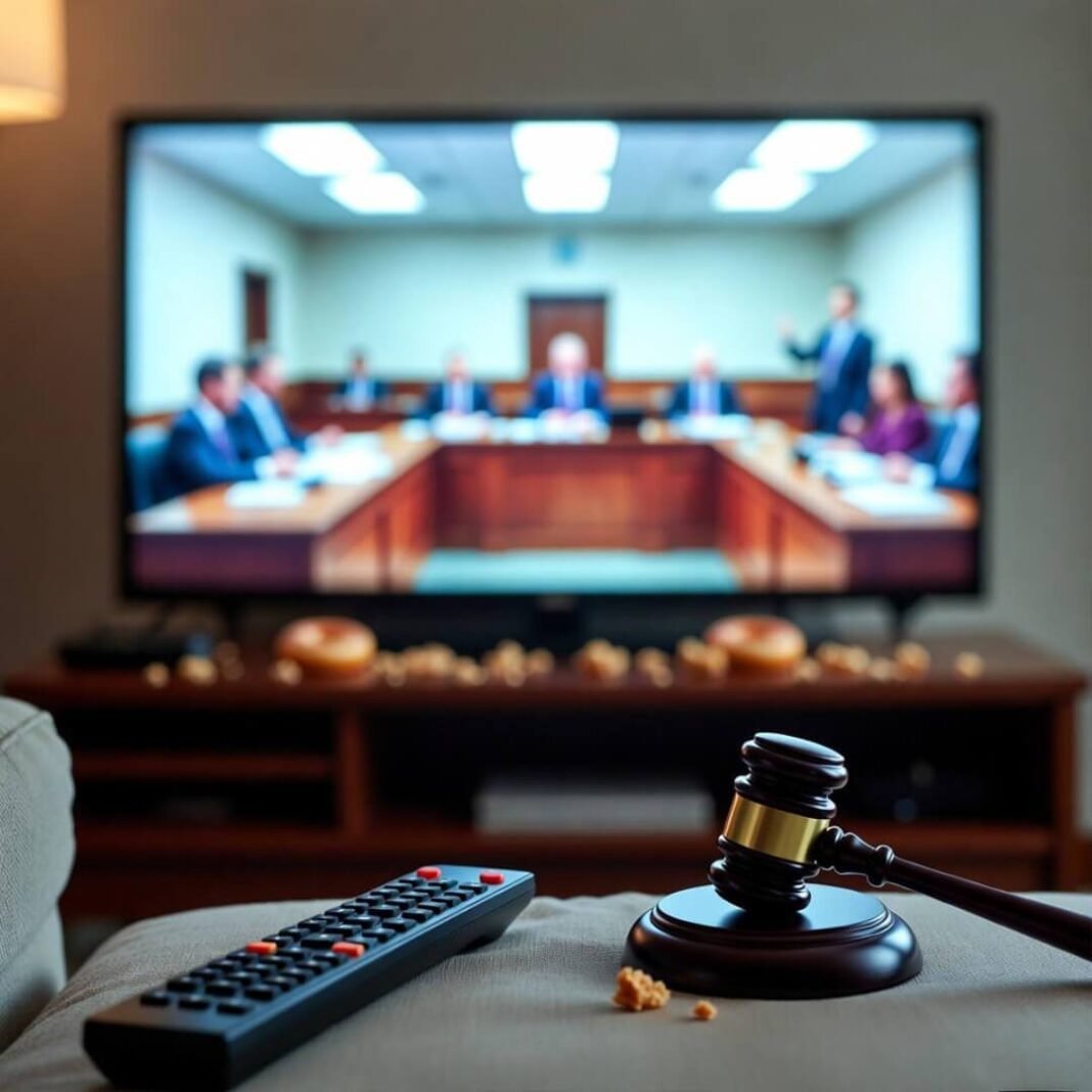 Couch POV: TV trial, gavel toy, donut crumbs.
