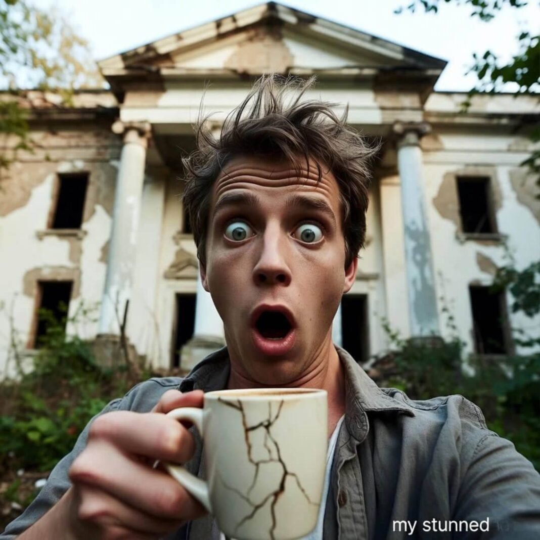 Shocked selfie with cracked mug, crumbling courthouse.