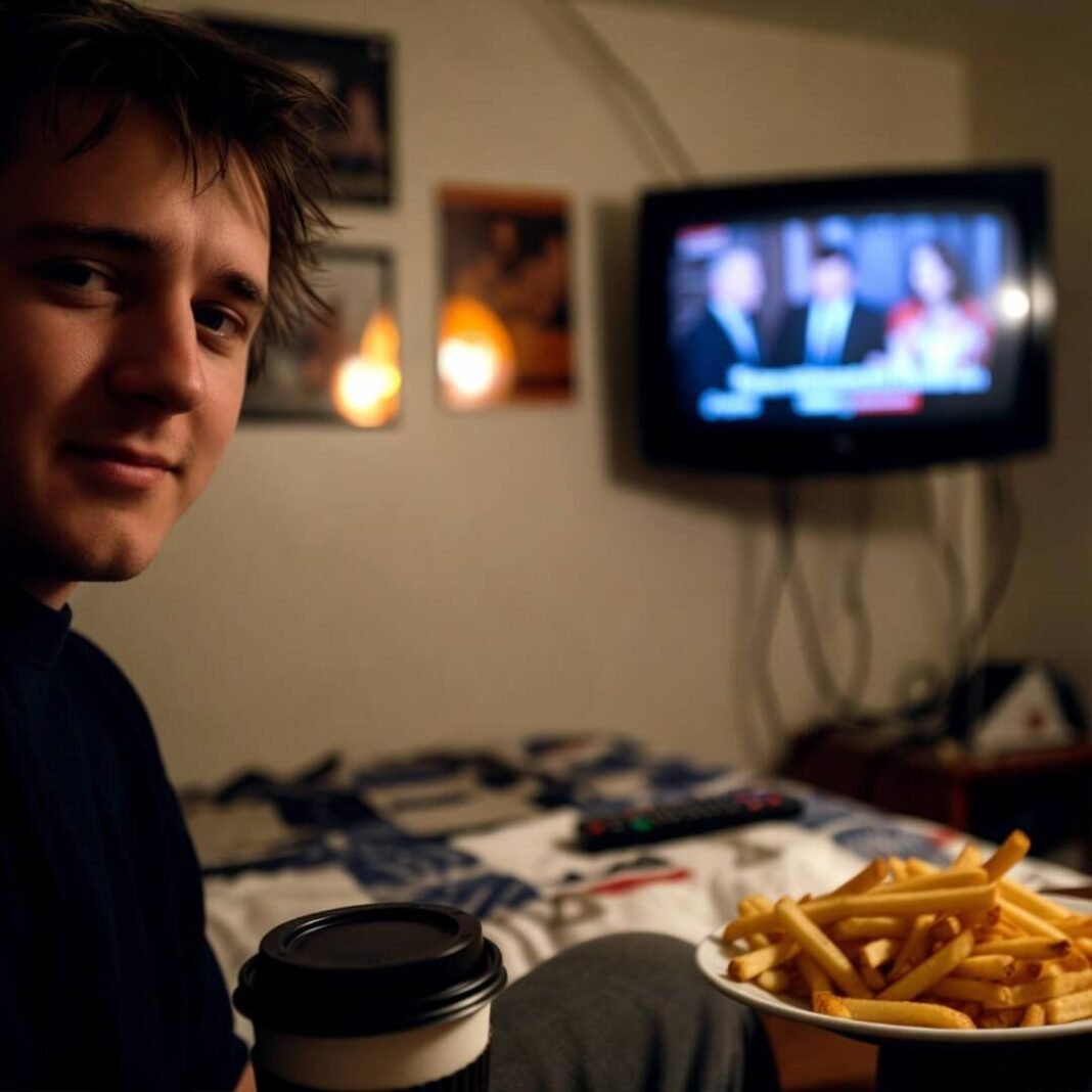 Spilled coffee, fries, TV debate at 2am motel.