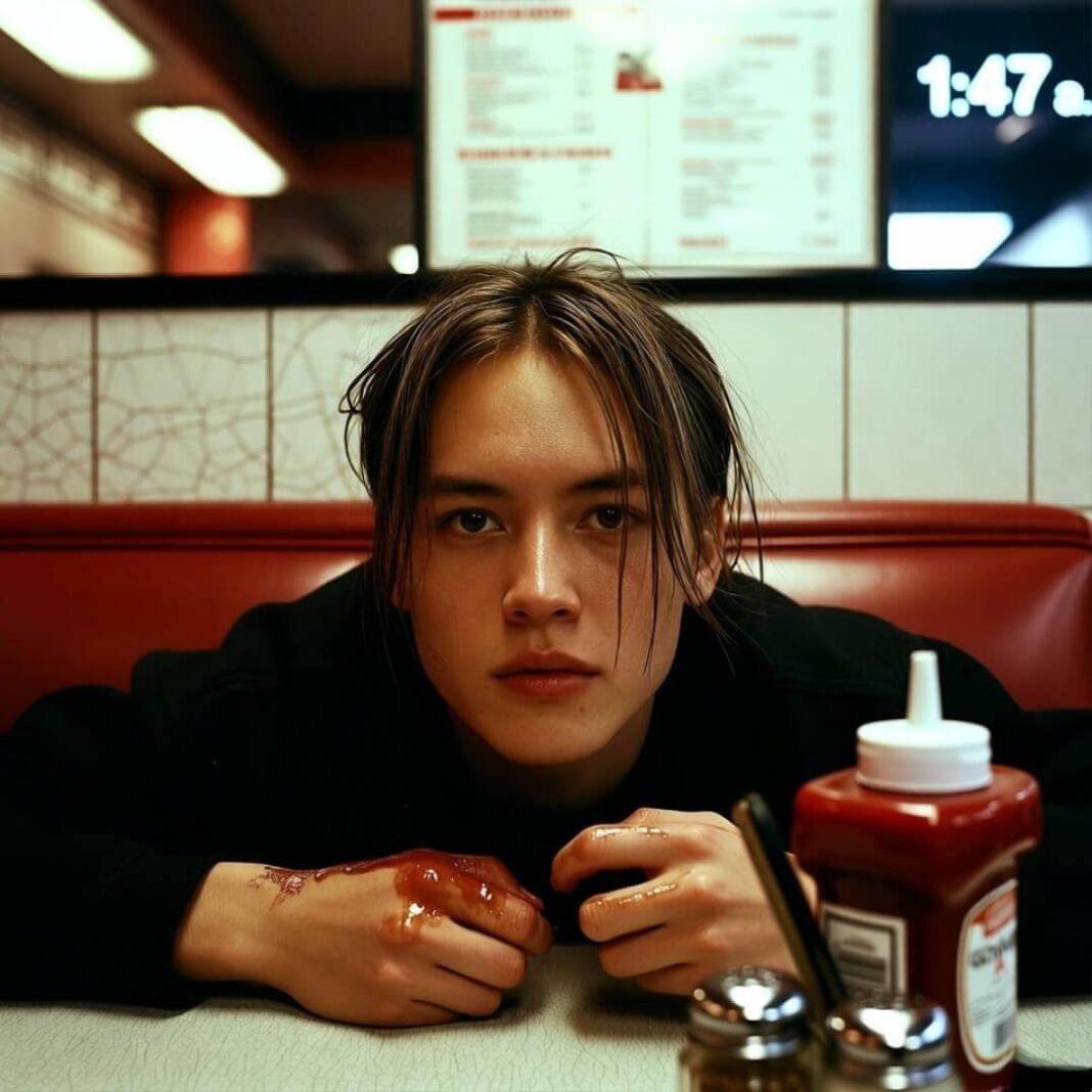 a.m. diner doomscroll, greasy hands.