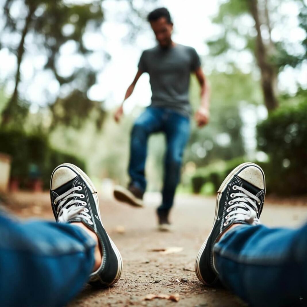 Knee-high view: scuffed sneakers, stumbling candidate.