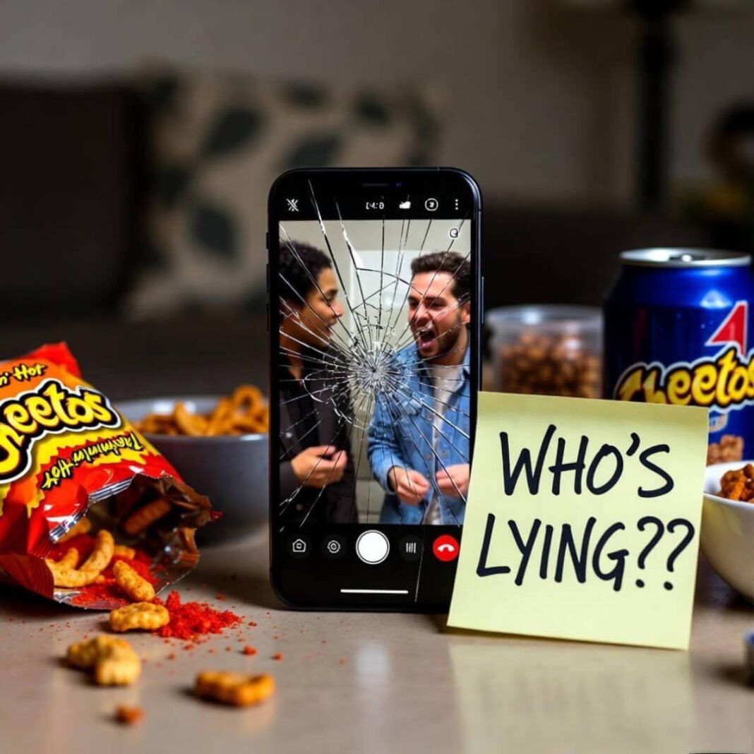 Cracked phone, Cheetos mess, 